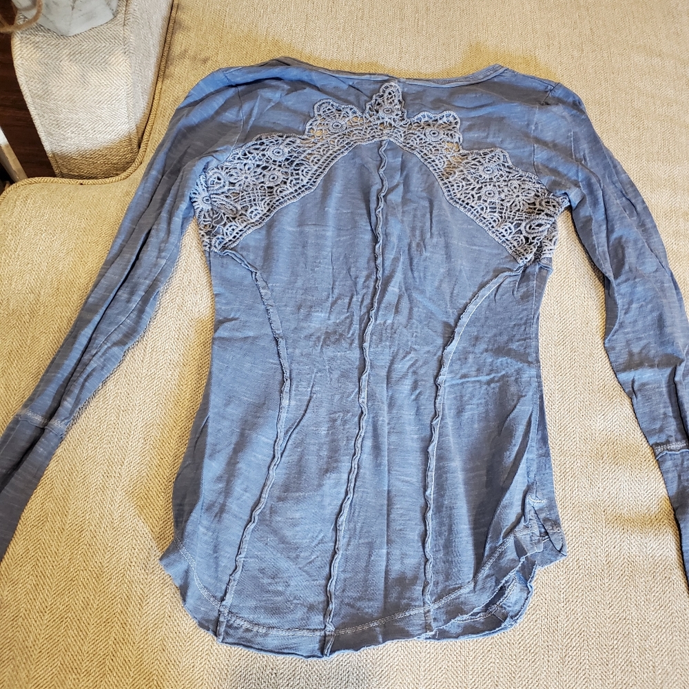 Free People Sky Blue Lace-Shoulder Henley Long Sleeve Top - Picture 7 of 10